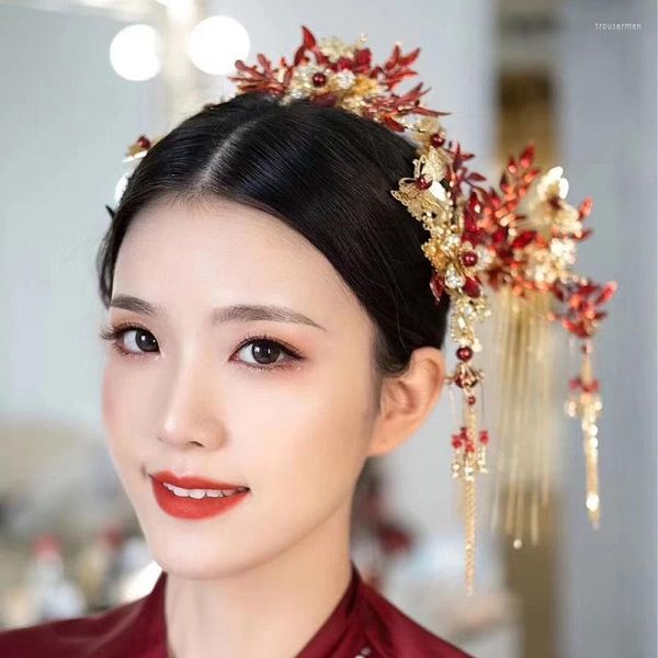 Tocados Xiuhe Ropa Tocado Accesorios nupciales para el cabello Phoenix Crown Red Chinese Tassel Traje antiguo Boda WomenHeadpieces