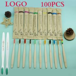 Têtes 100pcs brosse à dents en bambou naturel coloré ensemble brosse à dents en bois à poils en bois doux