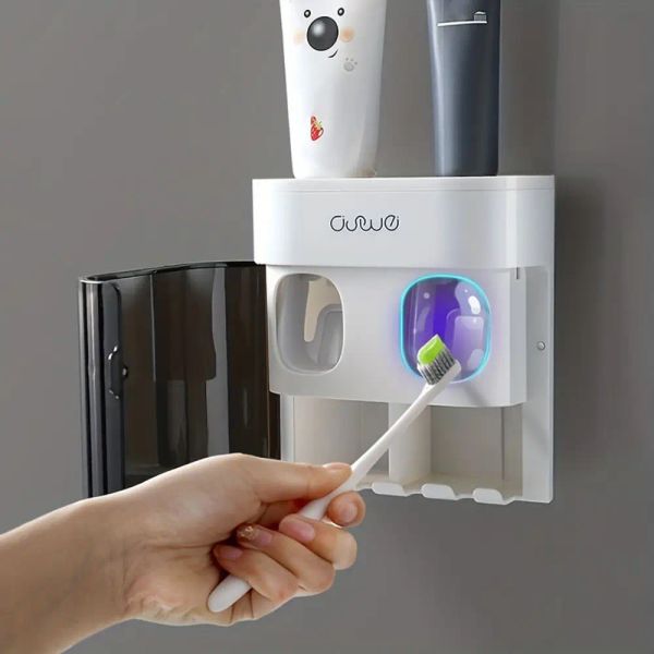 Cabezas 1 por ciento Dispensador automático de pasta de dientes automático montada en la pared, rejilla de almacenamiento de cepillo de dientes, expediente de pasta de dientes a prueba de polvo, accesorios de baño