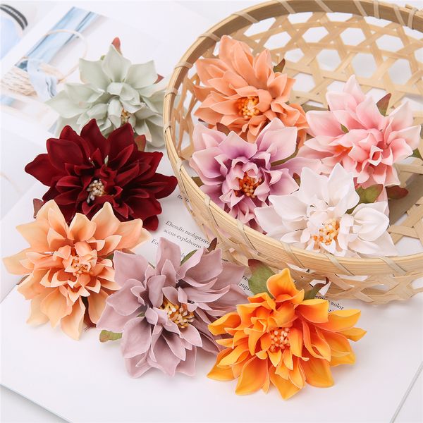 Têtes de fleurs artificielles pour décoration de maison, fleurs d'automne, couronne de fête de mariage, Dahlia en soie, artisanat, fausses fleurs