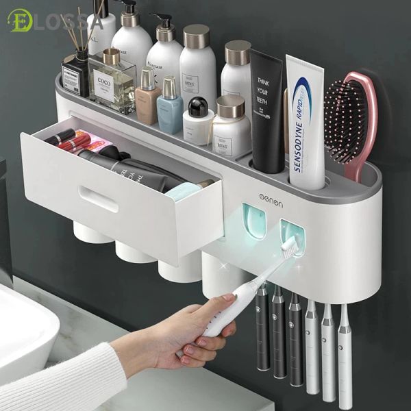 Heads Elossamagnétique Brosse à dents, double automatique de dentifrice, distributeur, grille de rangement, ensemble d'accessoires d'étagère de salle de bain