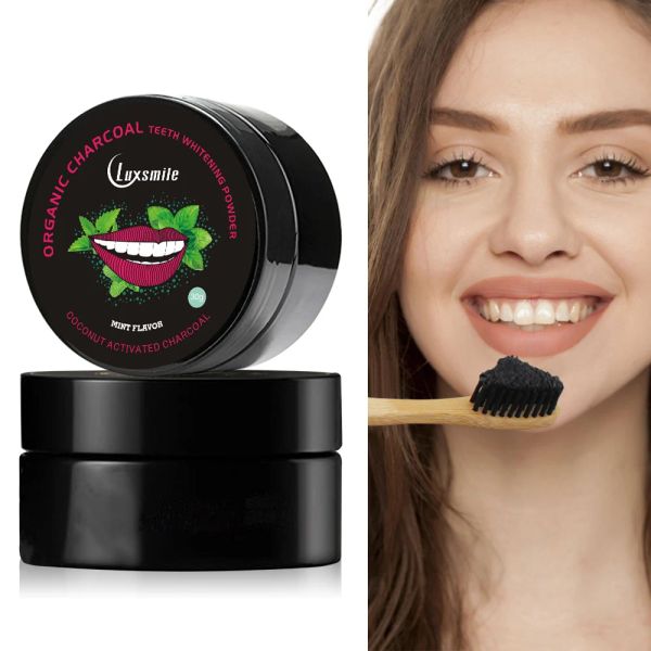 Têtes luxsmile bambou du charbon de bois blanchissant la poudre blancheur net haleine fraîche retirer les taches d'utilisation de la brosse à dents