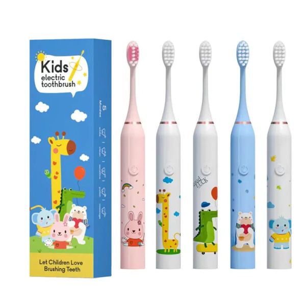 Cabezas sónic cepillo de dientes eléctrico para niños dibujos animados coloridos con cabezales de reemplazo cepillo de limpieza de cabello suave ultrasónico