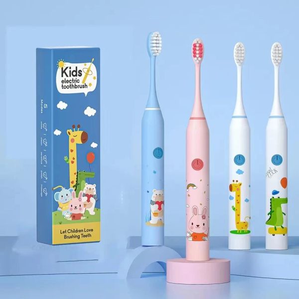 Cabezas sónicas cepillo de dientes eléctrico colorido dibujos animados para niños con cabezales de reemplazo cepillo de limpieza suave y recargable