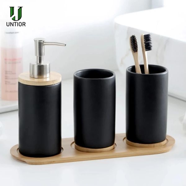 Cabezales hasta el lado 3pcs accesorios de baño de cerámica conjunto de jabón de moda dispensador de jabón soportador de dientes tope de cerámica productos de baño de cerámica