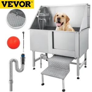 Têtes VEVOR 62 pouces chien toilettage baignoire professionnelle en acier inoxydable chien baignoire avec étapes robinet accessoires chien station de lavage