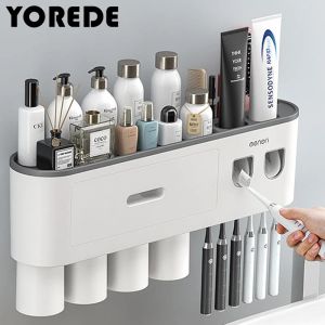 Koppen Yorede magnetische bekers Tandenborstel Holder Wand opslagrek Tandpasta Dispenser Home Storage Organisator Badkameraccessoires Set