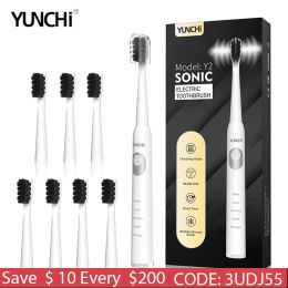 Têtes yunchi y2 brosse à dents électrique sonique 5 modes 2 minutes minuteur avec 8 têtes de brosse de remplacement du charbon de bois