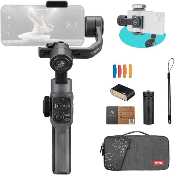 Heads Zhiyun Smooth 5 Combo con luz de relleno magnética, bolsa de transporte, trípode, estabilizador de cardán de mano profesional de 3 ejes para teléfono inteligente