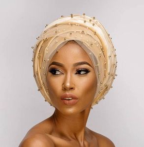 Pañuelo para la cabeza Turbante Luxury Mass Gold Beaded Mesh Head wrap Terciopelo Turbante nigeriano Mujeres Hijab Extra Long Head bufanda Sombrero 12 colores