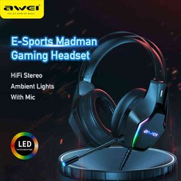 Casques Awei GM-1 Casque de jeu avec microphone Casque filaire RGB Luminescence HIFI Stéréo Gamer3.5mm USB A pour ordinateur portable T220916