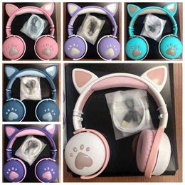 Headsets schattige katten hoofdtelefoon met microfoon 9D Stereo Kids Girls Bluetooth draadloze oortelefoons sluiten licht voor iPhone Samsung Android T220916