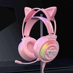 Headsets gaming headset met microfoon kattenoren roze wit 3.5 USB bedrade stereo gmaing hoofdtelefoon met LED -licht voor laptop/ PS4/ Xbox One T220916