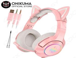 Headsets Onikuma K9 gaming headset casque schattig meisje roze katten oor stereo hoofdtelefoon met microfoon LED -licht voor laptopcomputer gamer T27471327