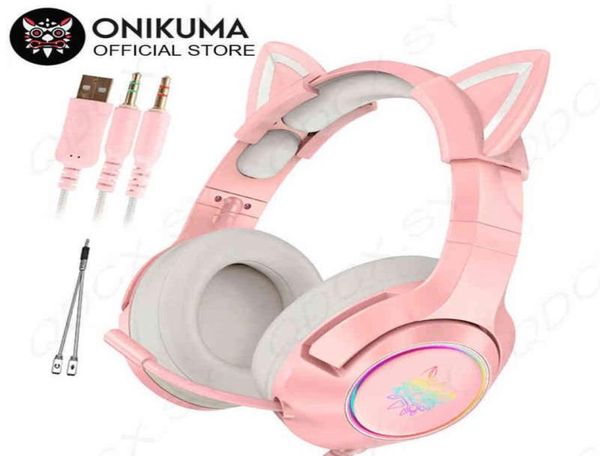 HeadSesets Onikuma K9 Gaming Headset Casque Cute Girl Girl Pink Cat Ear Stéréo Headphones avec micro LED LED pour ordinateur portable Gamer T27471327