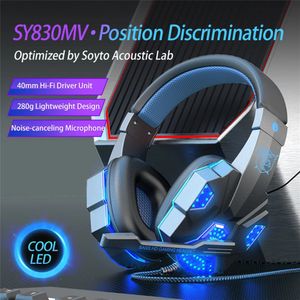 Headsets SY830MV Bekabelde headset Ruisonderdrukkende stereo-over-ear-koptelefoon met coole LED-verlichting voor mobiele telefoon Gaming Computer Laptop 231128