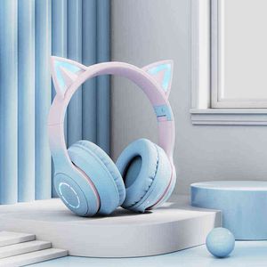 Casques sans fil Bluetooth dégradé couleur chat oreille casque avec micro éclairage RVB pour enfant fille cadeaux PC téléphone jeu musique casque en direct T220916