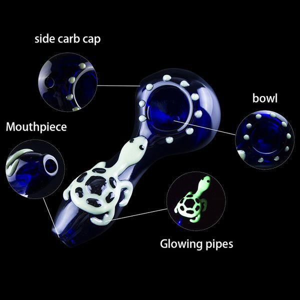 Poseo de la cabeza 666 Y058 Tubos de vidrio luminoso aproximadamente 3.74 pulgadas Tubo de fumar con cuchara de tabaco estilo tortuga brillante