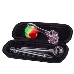 Headshop666 ZT004 Juego de Bolsa para Pipa con Cuchara de Calavera, Dab Rig, Pipa de Vidrio, Tarro de Silicona, Herramienta para Dabber, Estuche con Cremallera, Kit de 3 pipas