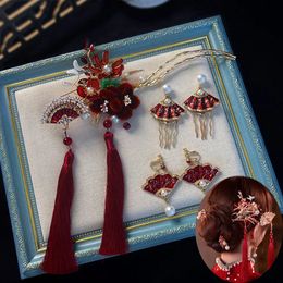 Couvre-chef, accessoires pour cheveux, Hanfu chinois, épingles à cheveux en éventail rouge, robe Vintage, longs glands, Clip, bijoux Noiva, 231207