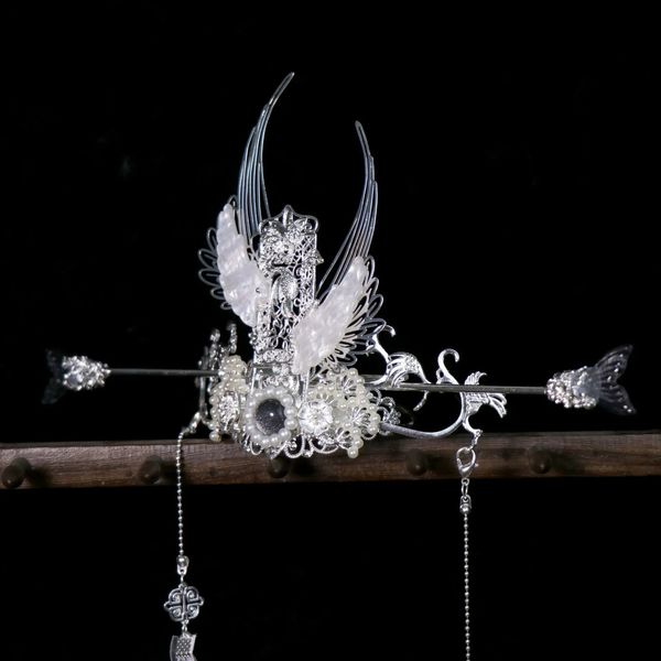 Couvre-chef, accessoires pour cheveux, couronne à Double ailes plaquée argent, faite à la main, avec deux bâtons et Long ruban, Hanfu chinois 231207