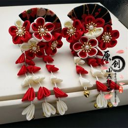Sombreros Accesorios para el cabello Japonés Hanfu Kimono Geisha Rojo Sakura Clip Antigüedad Fan Bell Borla Horquilla Tsumami zaiku Tocado 231207