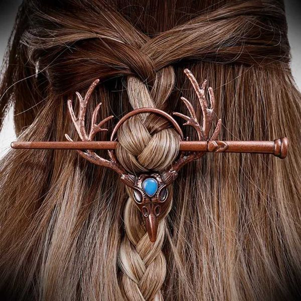 Accesorios para el cabello Accesorios para el cabello Retro Cuervo Esqueleto Horquilla Cuerno de ciervo para mujer Palo para el cabello Vikingos nórdicos Gótico Sombreros oscuros Piedra de luz de luna Niñas Pinza para el cabello Q231005