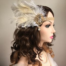 Hoofddeksels Haaraccessoires Vrouwen Vintage Feather Hoofdband Witte Metalen Ketting 1920 Vintage Gatsby Party Hoofddeksel Voor Party Carnaval Accessoires 230729