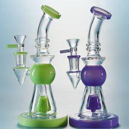 Boquilla de cuello corto Embriagador Bongs de vidrio Cachimbas Cabezal de ducha Percolador Diseño de pirámide Verde Púrpura Dab Rigs con tazón XL275