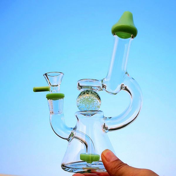 Heady Hookahs Bongs de vidrio grueso Donut ranurado Perc Resplandor en la bola oscura Tuberías de agua Cabezal de ducha Percolador Aceite Dab Rigs 14 mm Junta hembra con tazón