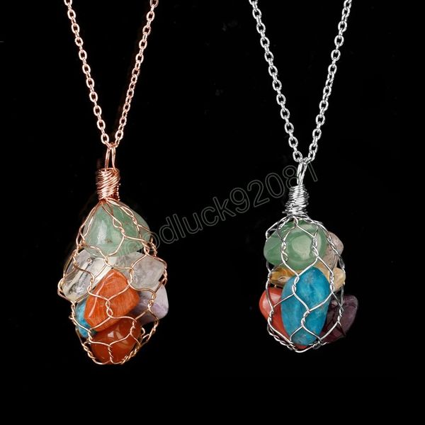 Colliers avec pendentif de guérison des 7 Chakras, véritable pierre brute naturelle, cristal, enroulé de fil, couleur or Rose, bijoux Reiki