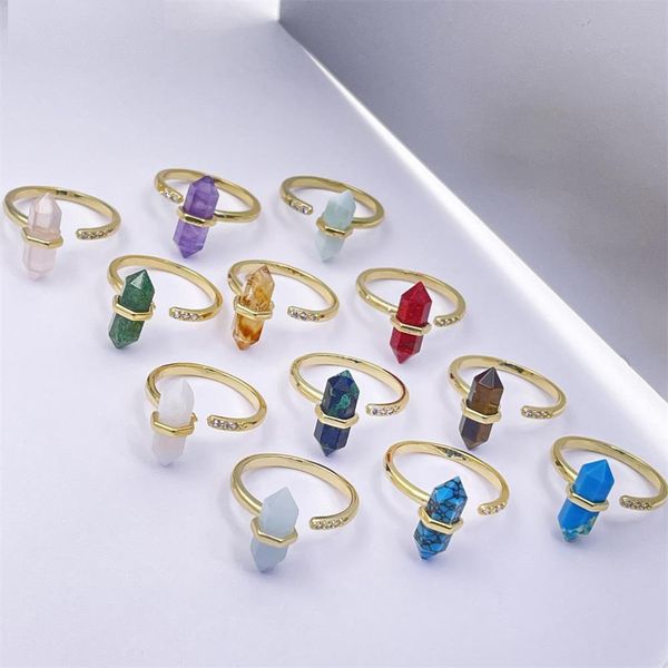 Anneaux de pierres précieuses hexagonales réglables de guérison, plaqués or 18 carats, anneaux en pierre de cristal brut naturel, bijoux en pierre naturelle