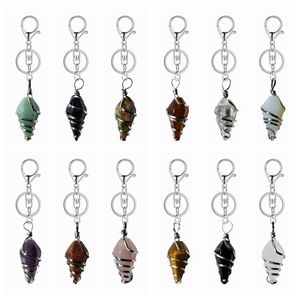 Porte-clés pendentif cône de cristal de guérison pour sacs, pierres précieuses enveloppées de fil, porte-clés pointu, véritable pierre de quartz Reiki naturel, bijoux pour femmes et filles