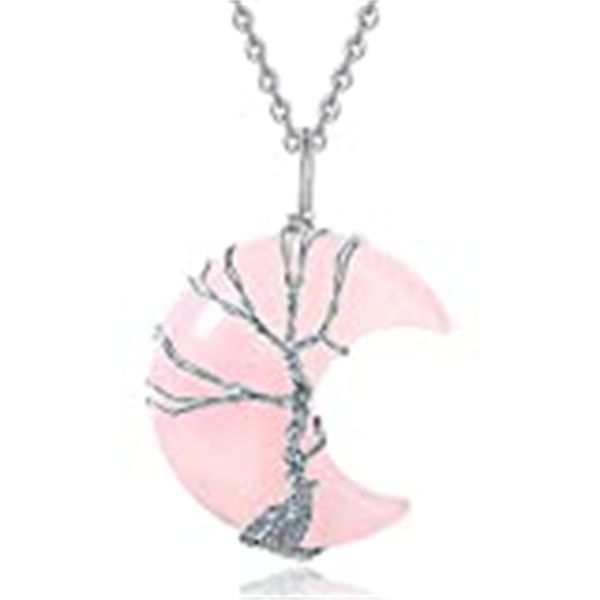 Collares de cristal curativo para mujer, collar con colgante de cuarzo de luna creciente, piedra preciosa natural de cristal, árbol de la vida, envoltura de alambre completo, brujería espiritual, Reiki