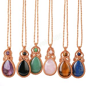 Guérison Cristaux Naturels Colliers Pierre Pendentif Fil Corde Wrap Cristal Collier Larme Goutte D'eau Rose Quartz Bijoux