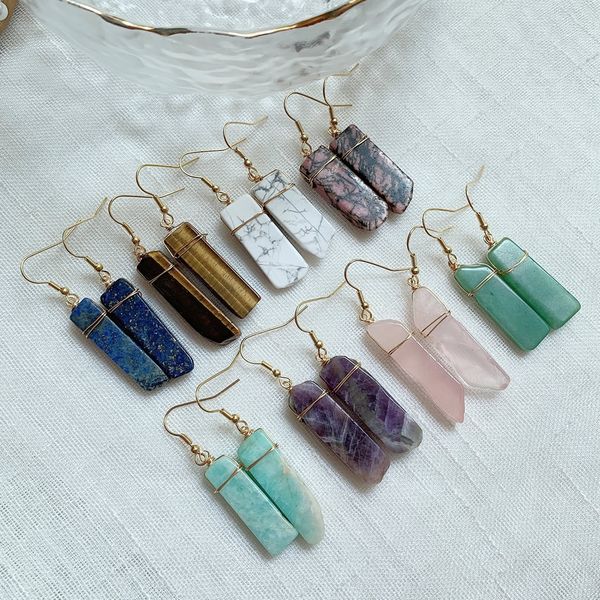 Guérison Pierre Naturelle Boucles D'oreilles Pendantes Rectangle Irrégulier Long Gland Pendule Amazonite Lapis Rose Quartz Violet Cristal Boucle D'oreille