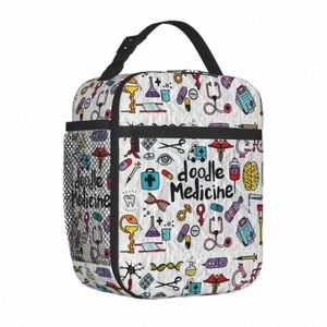 Soins de santé et médecine Doodle Sacs à lunch isolés Grand sac isotherme réutilisable Fourre-tout Boîte à lunch Travail en plein air Fille Garçon t2VO #