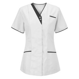 Gezondheidszorg Verpleegkundige vaste uniforme vrouwen Pocket Scrub Tops korte mouw blouse spa salon overalls tandheelkundige dierenarts verzorger uniformen 240506