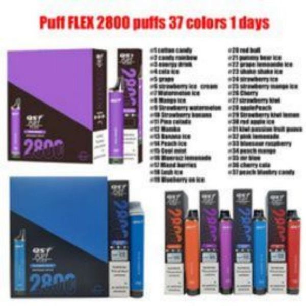 Narguilé électronique jetable sain original 100% QST Puff flex 2800 0% 2% 5% 8 ml 850 mah batterie autorisée 28 saveurs chaudes USA EU Warehouse Drink