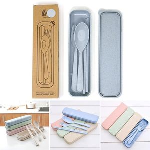 Healthy Environmental Wheat Straw Cutlery Set Portable Plastic Dinnerware Tableware Spoon Fork Chopsticks Kitchen Europe Style for Travel Picnic Camping