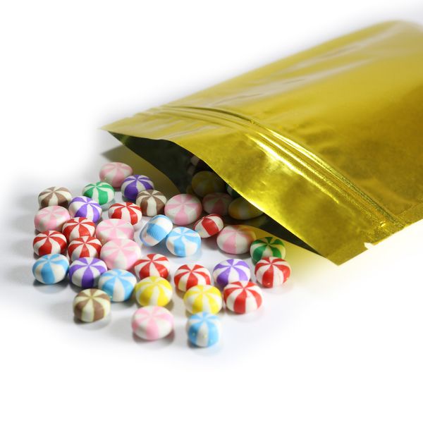 Bolsas de plástico con cierre hermético saludable Bolsas planas de Mylar metálico 100 unids / lote Bolsas de paquete de alimentos de alto grado con muesca de rasgado