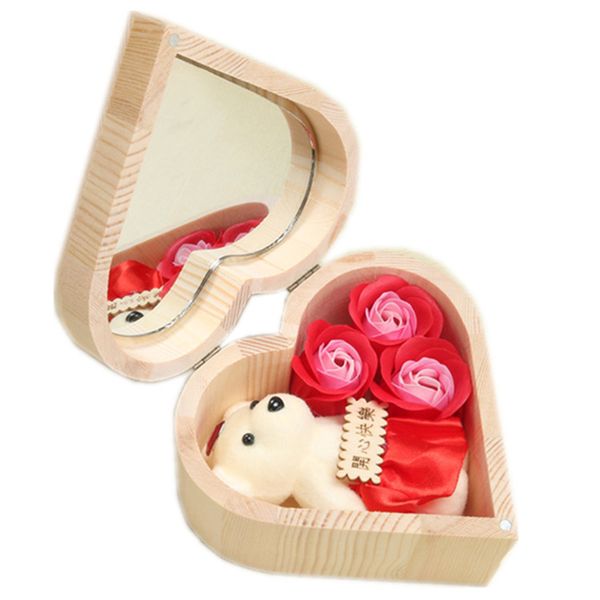 Caja de regalo de flor de rosa de madera con forma de corazón y hexágono Caja de flor artesanal creativa de San Valentín