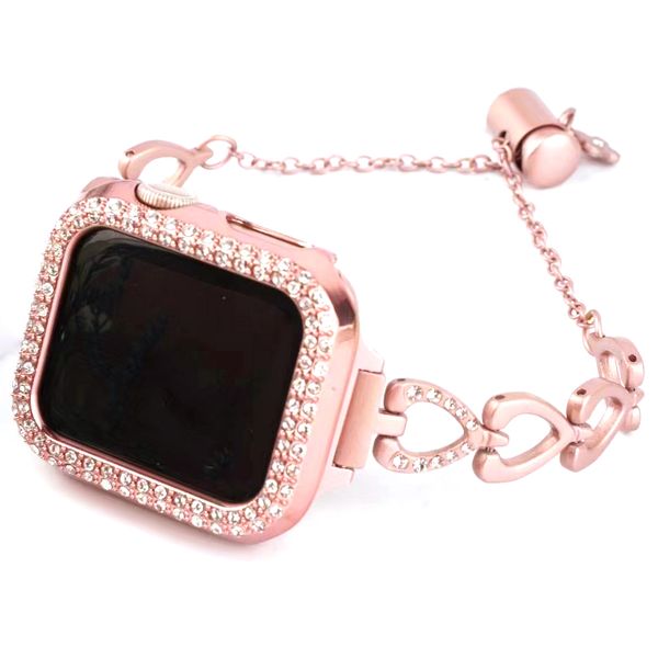 Pulsera de corazón Correa de metal Estuche de diamantes para Apple Watch 44 mm 42 mm 40 mm 38 mm Bandas Pulsera de lujo para mujer iwatch Series 7 6 5 4 3 Enlace Accesorios de correa de reloj