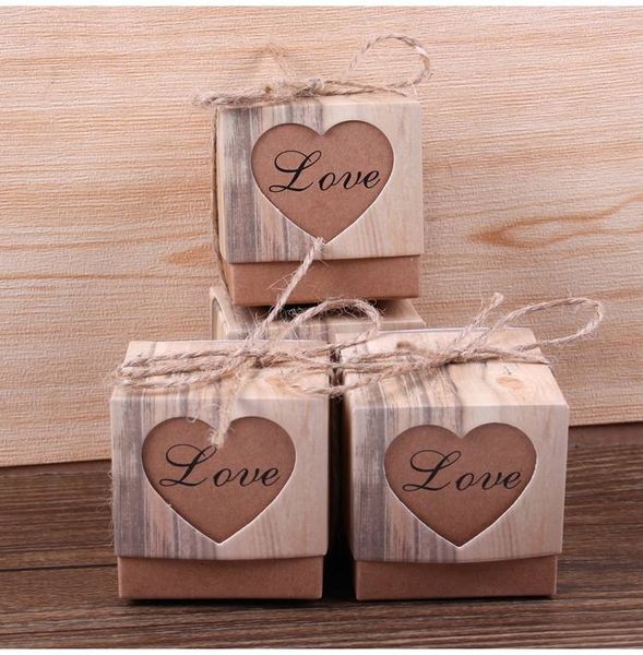 Boîtes à bonbons rustiques, 50 pièces boîtes à dragées de mariage, boîtes en papier bonbonnière Love Kraft avec ficelle de jute en toile de jute pour fête nuptiale, mariage, anniversaire, Pa
