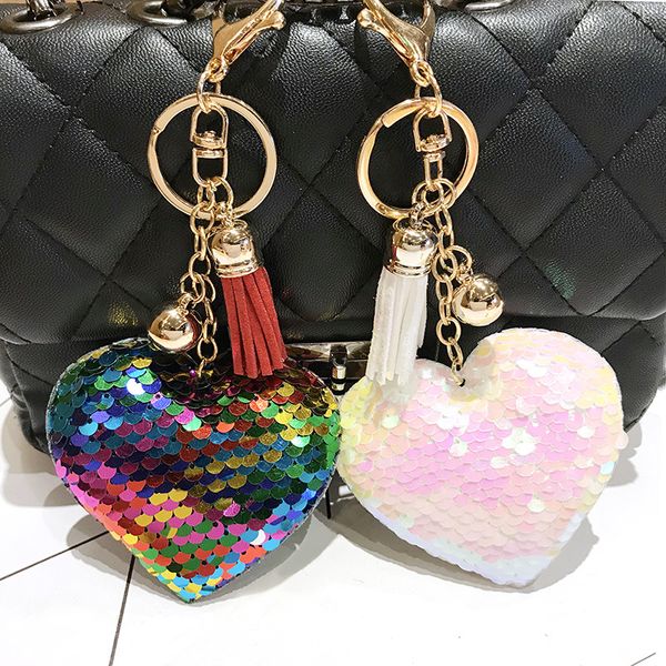 Porte-clés en forme de cœur à paillettes de sirène, pompon à paillettes, boule, bijoux pour femmes et filles, cadeau, accessoires pour sacs de voiture