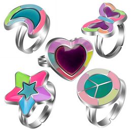 Hart Love Butterfly Moon Peace Rings Band Glow in the Dark Luminous verstelbare temperatuur Moodverandering Kleurringen meisjes kinderen mode sieraden