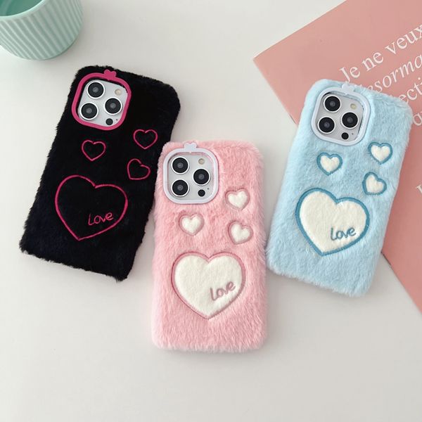 Coeur aime les coiffures de lapin authentiques pour iPhone 15 plus 14 Pro Max 13 12 11 iPhone15 TPU Soft Animal Fluffy Fur mignon joli téléphone mobile Couverture arrière Skin