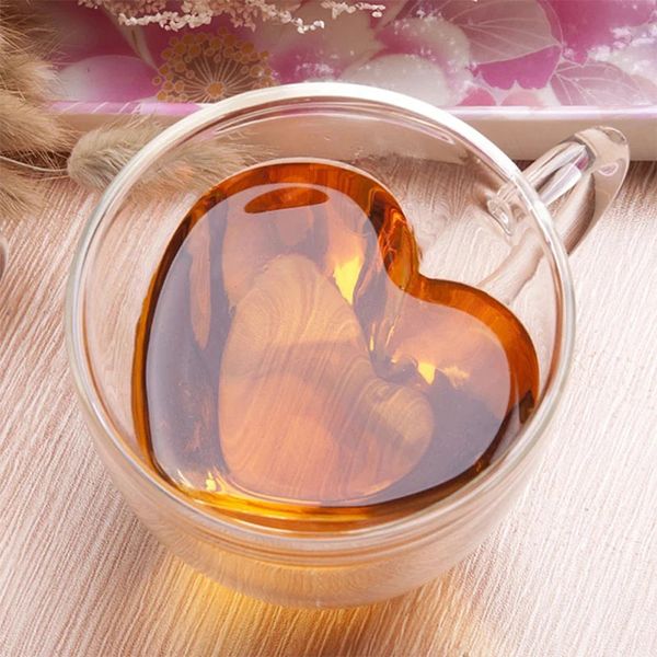Coeur en verre en forme de tasse en verre couple tasses doubles tasses tasses à vin tas tasses à thé