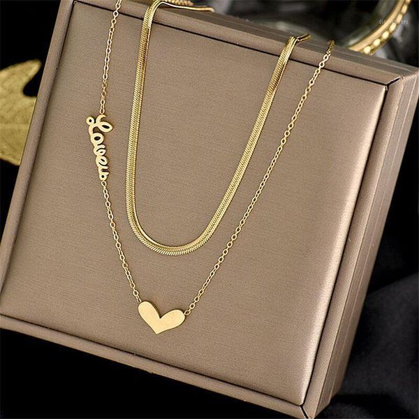 Collar de corazón para mujer y niña, joyería de moda de acero de titanio, gargantilla de amor de doble capa, cadenas de regalo bonitas de serpiente