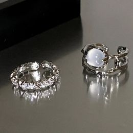 Hart Open Ringen voor Vrouwen Korea Geometrisch Kristal Maansteen Gothic Vinger 14K Witgouden Ring Y2K Accessoires Trendy Esthetische Sieraden Cadeau